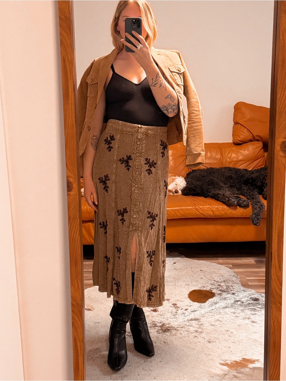 Vintage Green Embroidered Midi Skirt